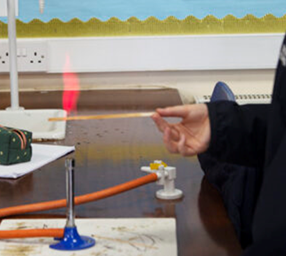 a student holding a  stick over a bunsen burner and creating a pink flame  