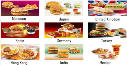 collage showcasing McDonald's menu items from nine countries, each labelled with country name and featuring distinct localised food and drink options. Notable variations include seafood in Japan, spicy items in India, and traditional desserts in Spain, highlighting regional adaptations of global fast food.