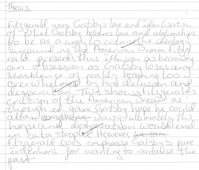 A piece of paper with writing on it - an extract of an essay