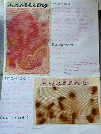 a folder of work cover with two objects - one red marbling and one brown rustling 