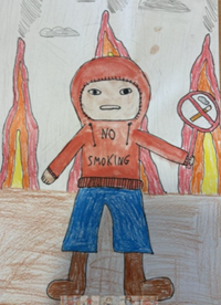 A coloured pencil drawing of a person wearing a red hoodie with "NO SMOKING" written on it, blue shorts, and brown boots, holding a sign with a crossed-out cigarette symbol. Flames and clouds appear in background, emphasising anti-smoking message and danger associated with smoking.