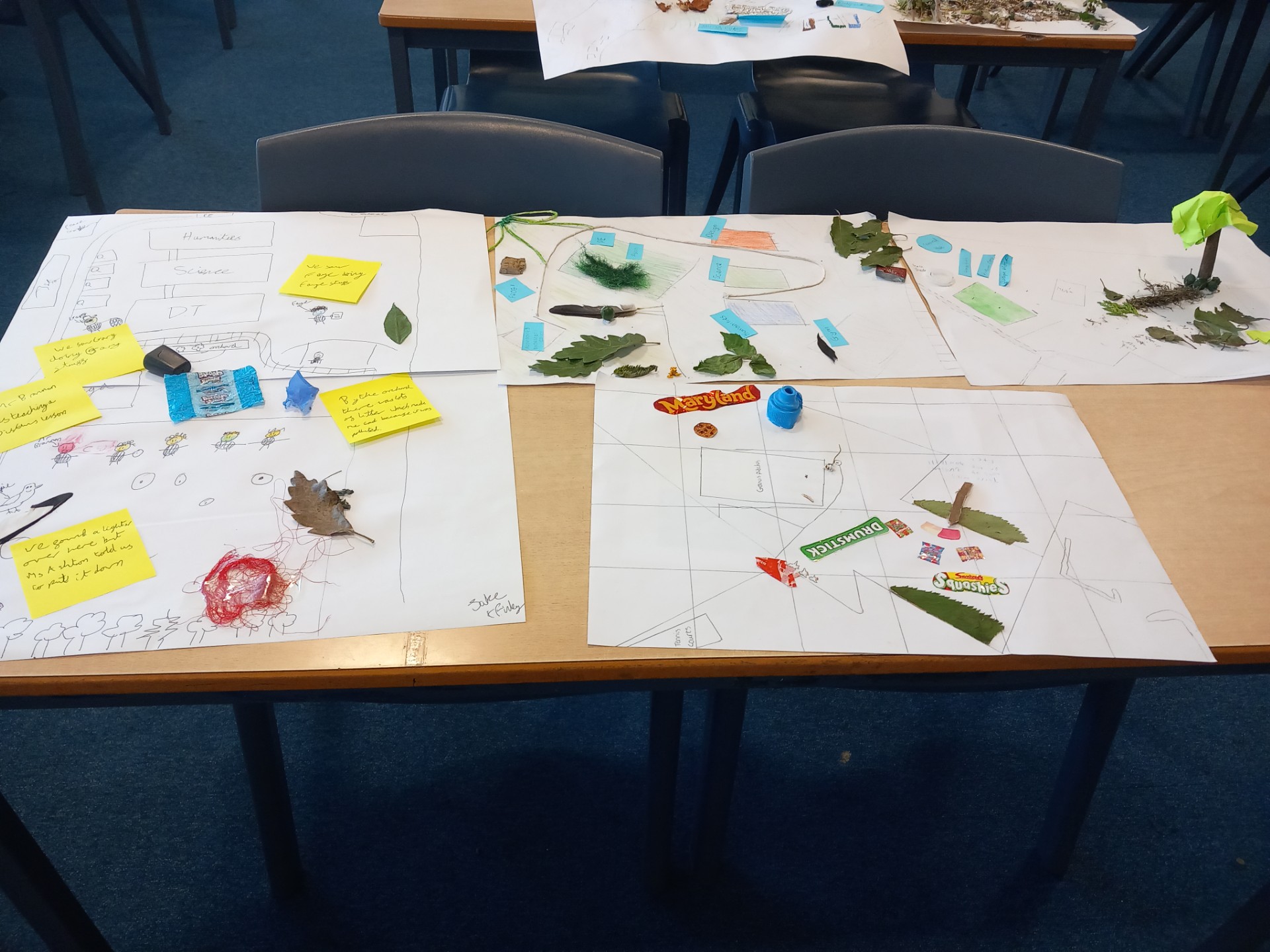 Photograph of a classroom table displaying four hand-drawn maps or diagrams with natural elements like leaves, twigs, and small objects attached. Each paper includes labels, sticky notes, and coloured markers, suggesting a project focused on environmental study or landscape planning.