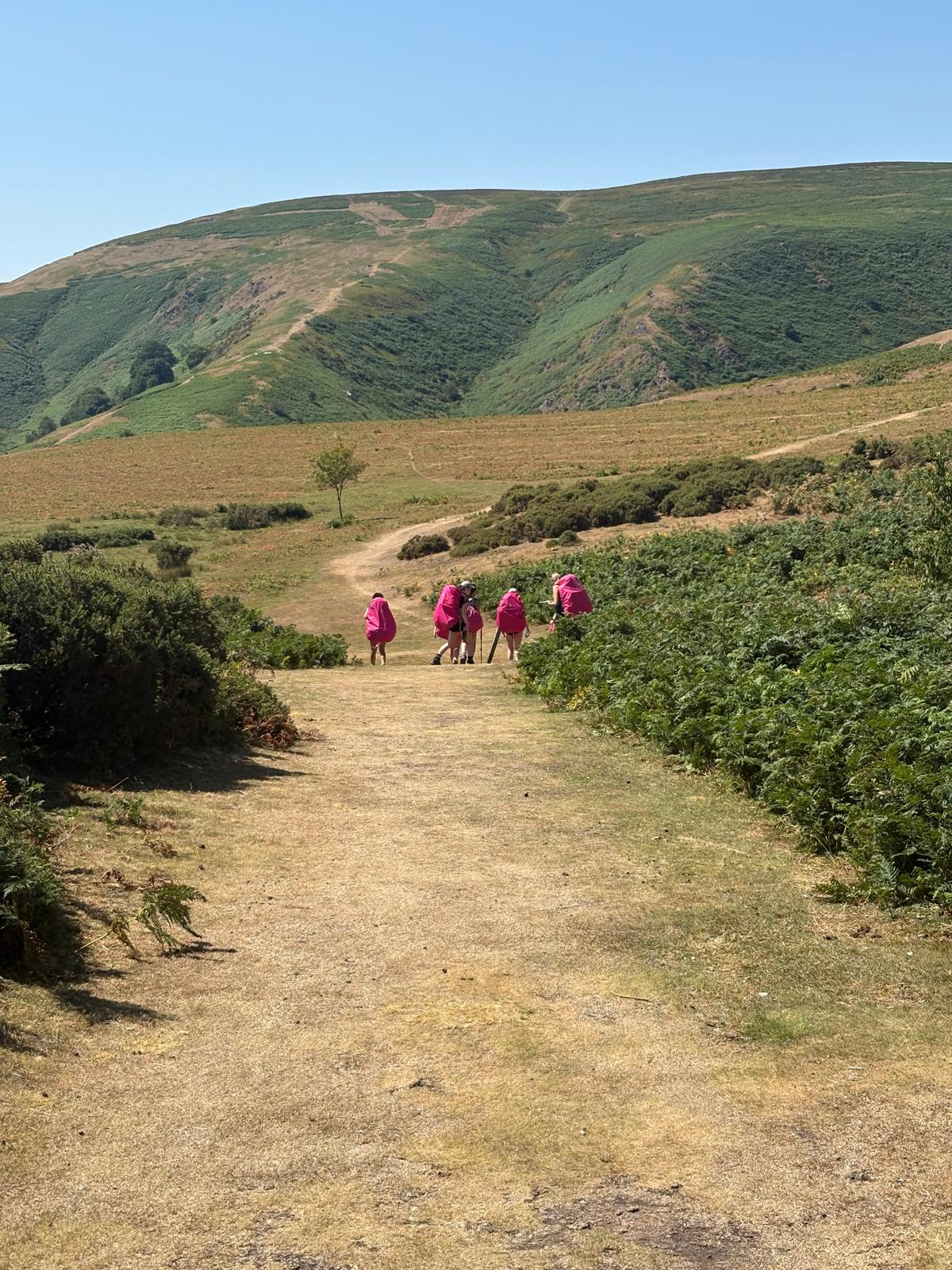 a group of 5 students with pink backpacks walking 