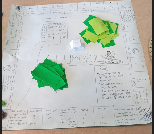 Photograph of a homemade board game titled "slumopoly," resembling Monopoly with hand-drawn squares and handwritten text on white paper. The board features green and yellow cards, a central rules section, and various property spaces with unique names and instructions, highlighting a creative, personalised game design.