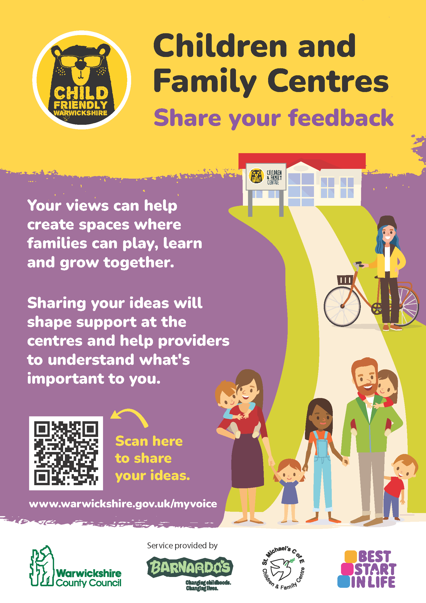 a poster in yellow and purple with information about children and family centres 