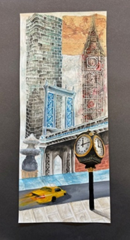 a drawing of two tall buildings and a clock