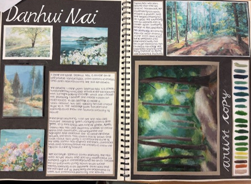 A photograph of an open spiral-bound art journal displaying landscape paintings and handwritten notes on black pages. The left page features a large forest scene with green and brown tones, a vertical colour palette strip, and text labelled "artist copy," while the right page shows smaller paintings of trees and water with descriptive text and the name "Dandi Nia" in white cursive.