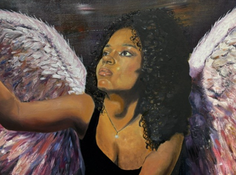 A painting of a woman with curly hair and large, detailed angel wings looking upwards. The artwork uses warm tones for skin and wings with a dark, muted background, highlighting themes of hope and transcendence.