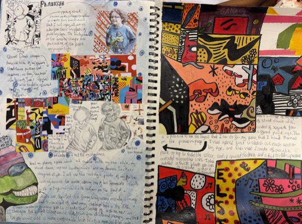 A colourful art sketchbook two page spread featuring abstract and cubist-style illustrations with handwritten notes and annotations throughout. The layout includes vibrant geometric shapes, faces, and patterns in various colours, alongside detailed textual commentary explaining artistic techniques and inspirations.