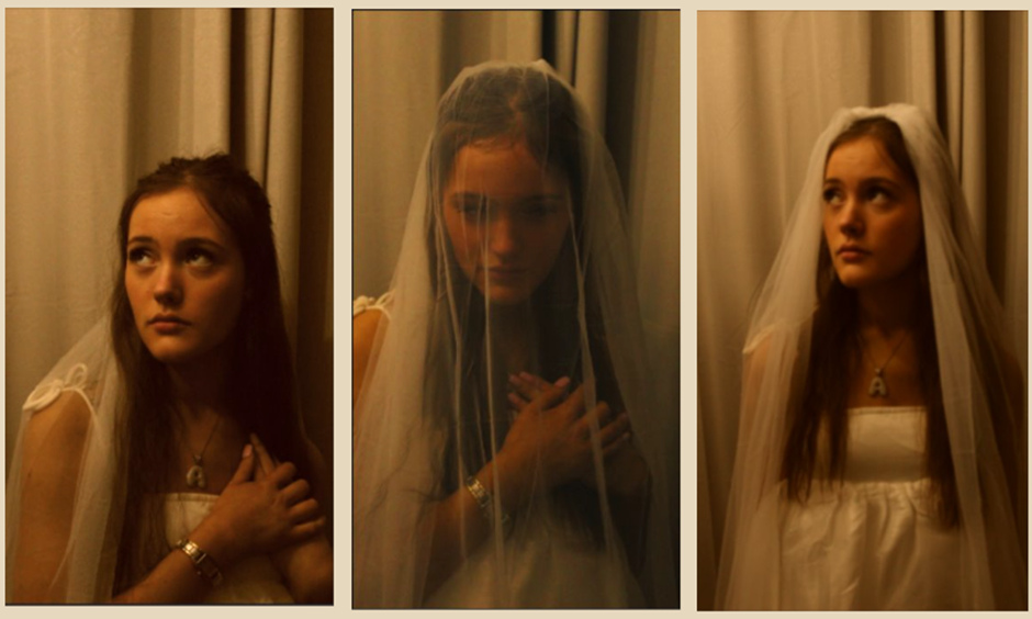 A collage of three images of a person wearing a veil