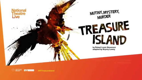 Promotional poster for a theatrical production of "Treasure Island" by Robert Louis Stevenson, adapted by Bryony Lavery. Features bold black and orange colors with a stylized bird graphic and text highlighting themes of mutiny, mystery, and murder.