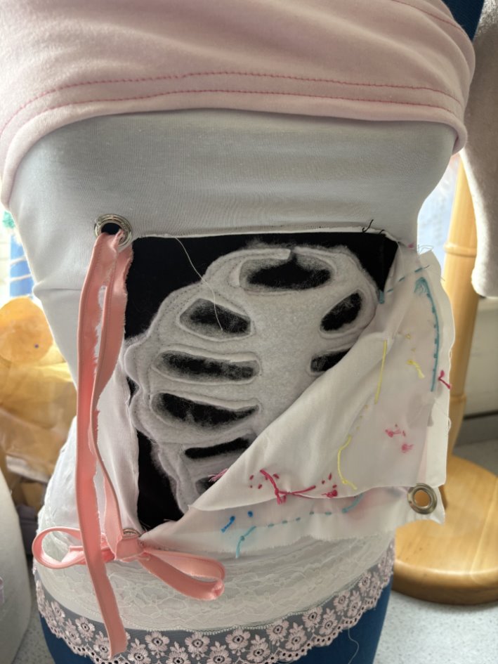 A close up of a person modelling an outfit handmade