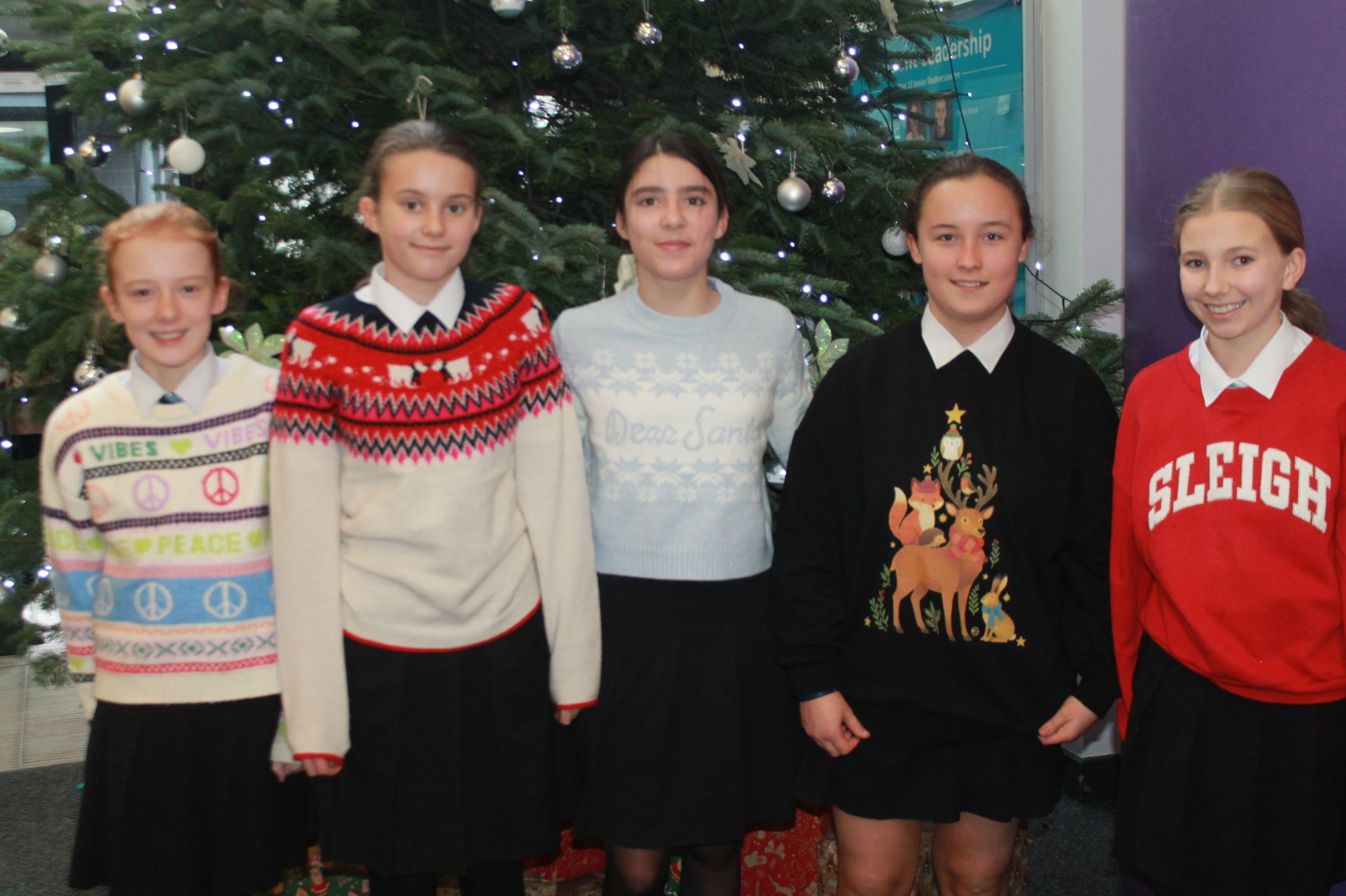 Five students posing in their Christmas Jumpers