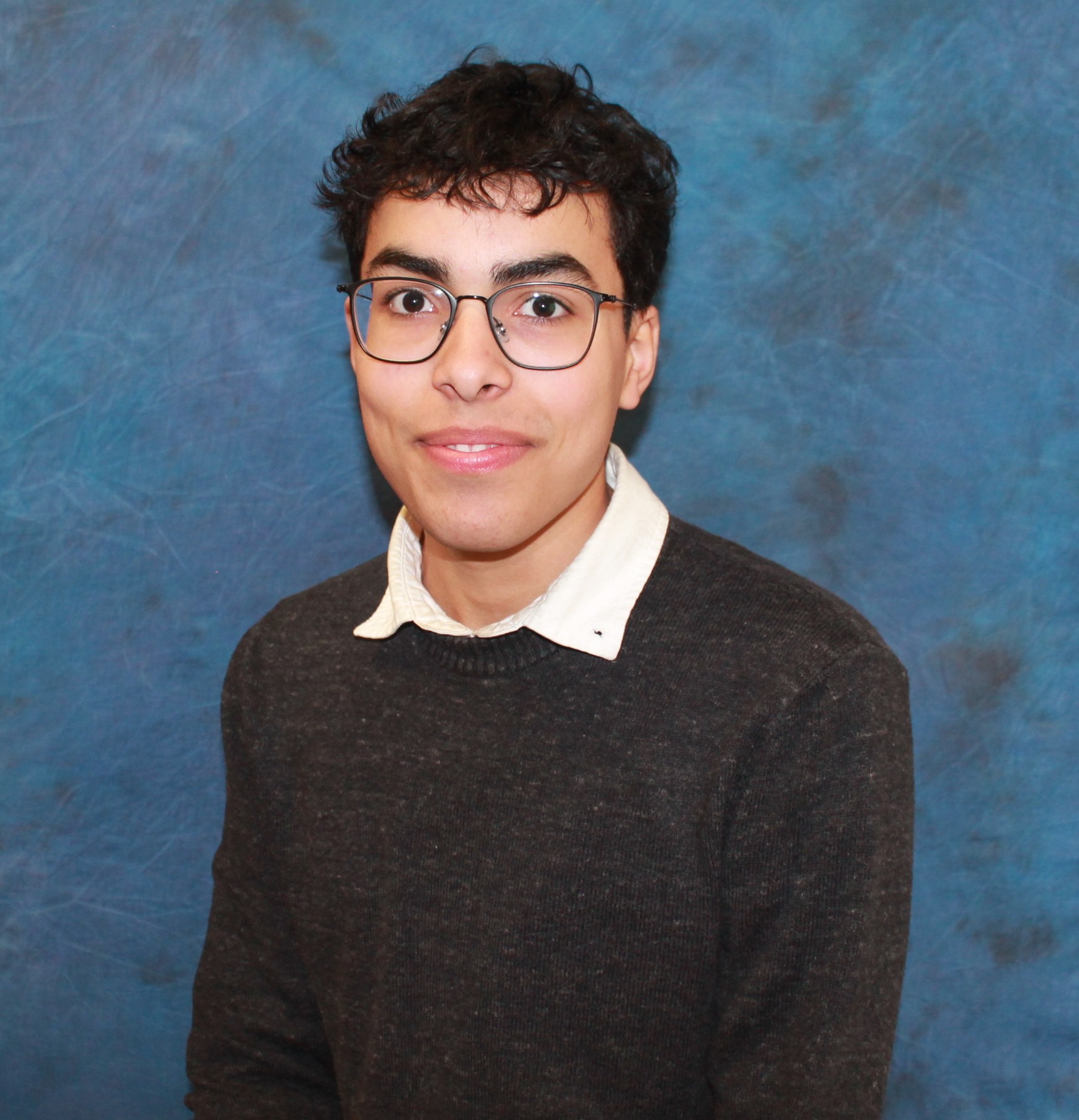 Photograph of a person wearing a dark grey sweater over a white collared shirt, posed against a blue mottled backdrop. 