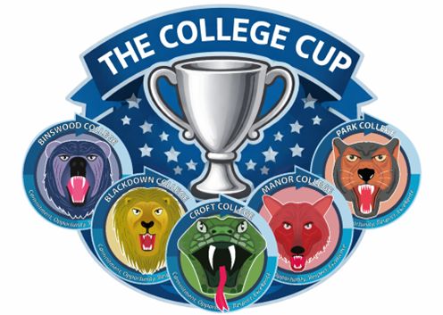 logo for "The College Cup" featuring a central silver trophy against a blue background with stars. Surrounding the trophy are five circular badges representing different colleges, each with a distinct animal mascot and the motto "Commitment, Opportunity, Respect, Excellence" in blue banners.