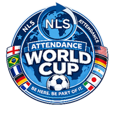 Logo for NLS Attendance World Cup features a blue circular design with a globe in the background and a soccer ball at the bottom centre. Flags of various countries encircle the logo, with text "NLS Attendance," "World Cup," and slogan "Be here. Be part of it." emphasising global sports event attendance.