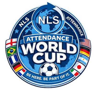 Logo design featuring a circular emblem with a world map background and a soccer ball at the bottom, representing NLS Attendance World Cup. Surrounding the circle are flags from various countries, with bold text emphasizing attendance and the slogan "Be here. Be part of it."