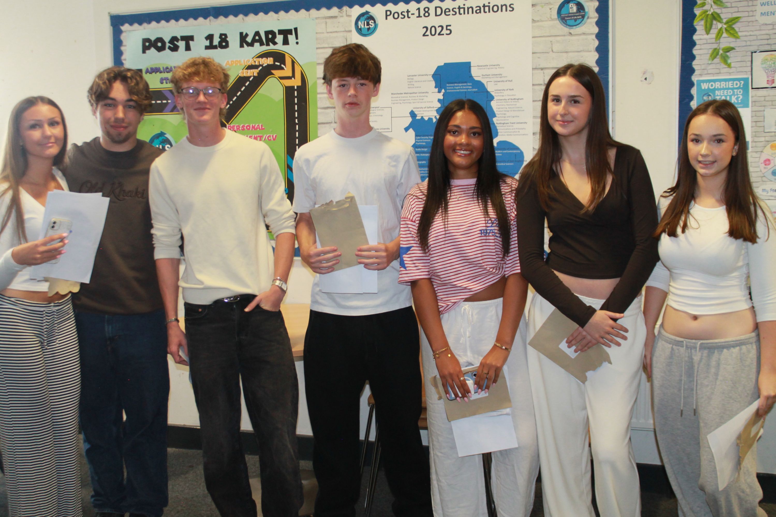 Photograph of seven young people standing indoors holding papers,  exam results or certificates, with a "Post 18 Destinations 2025" display board in background