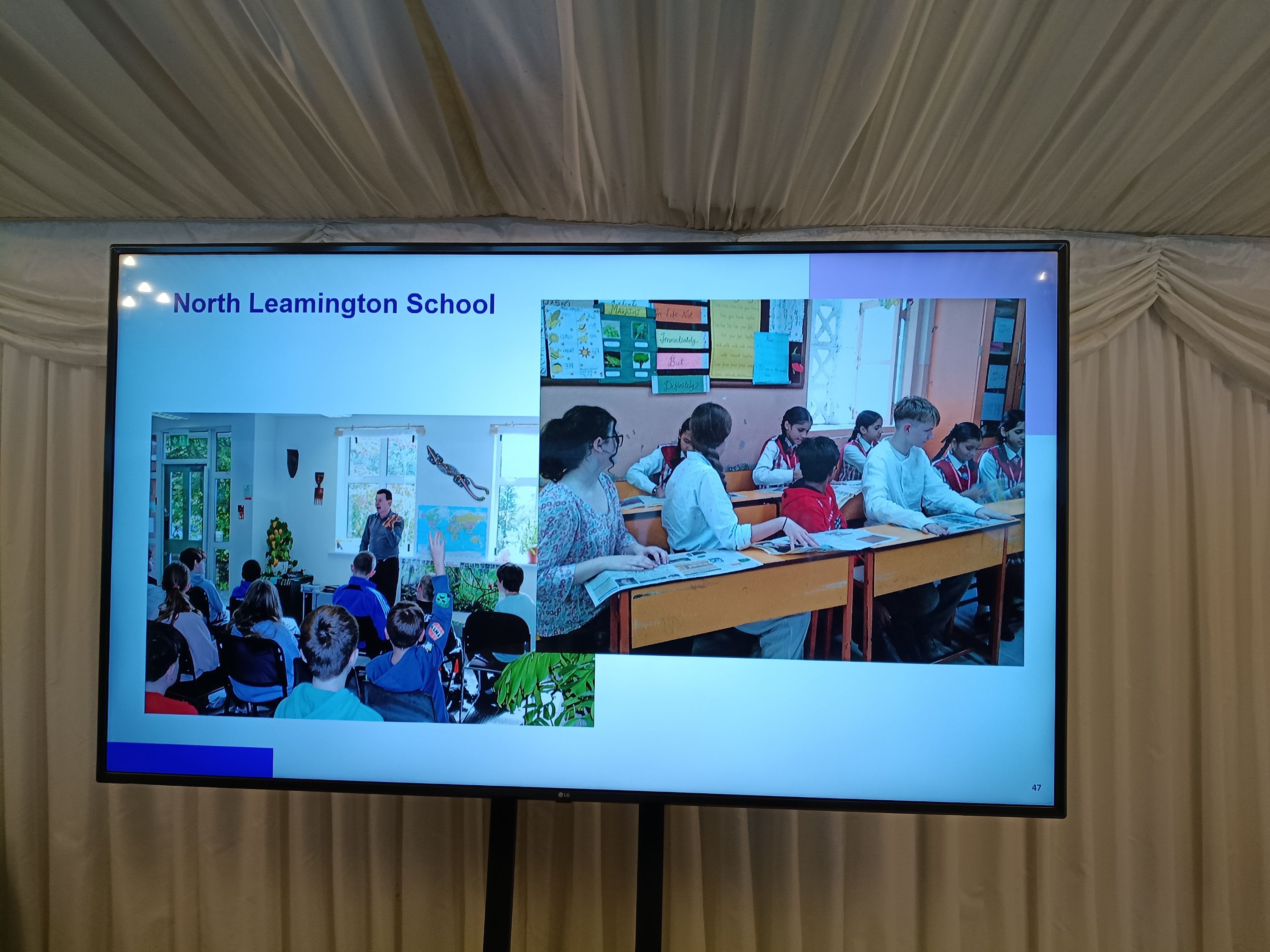 a screen showing two slides of International Schools events at NLS