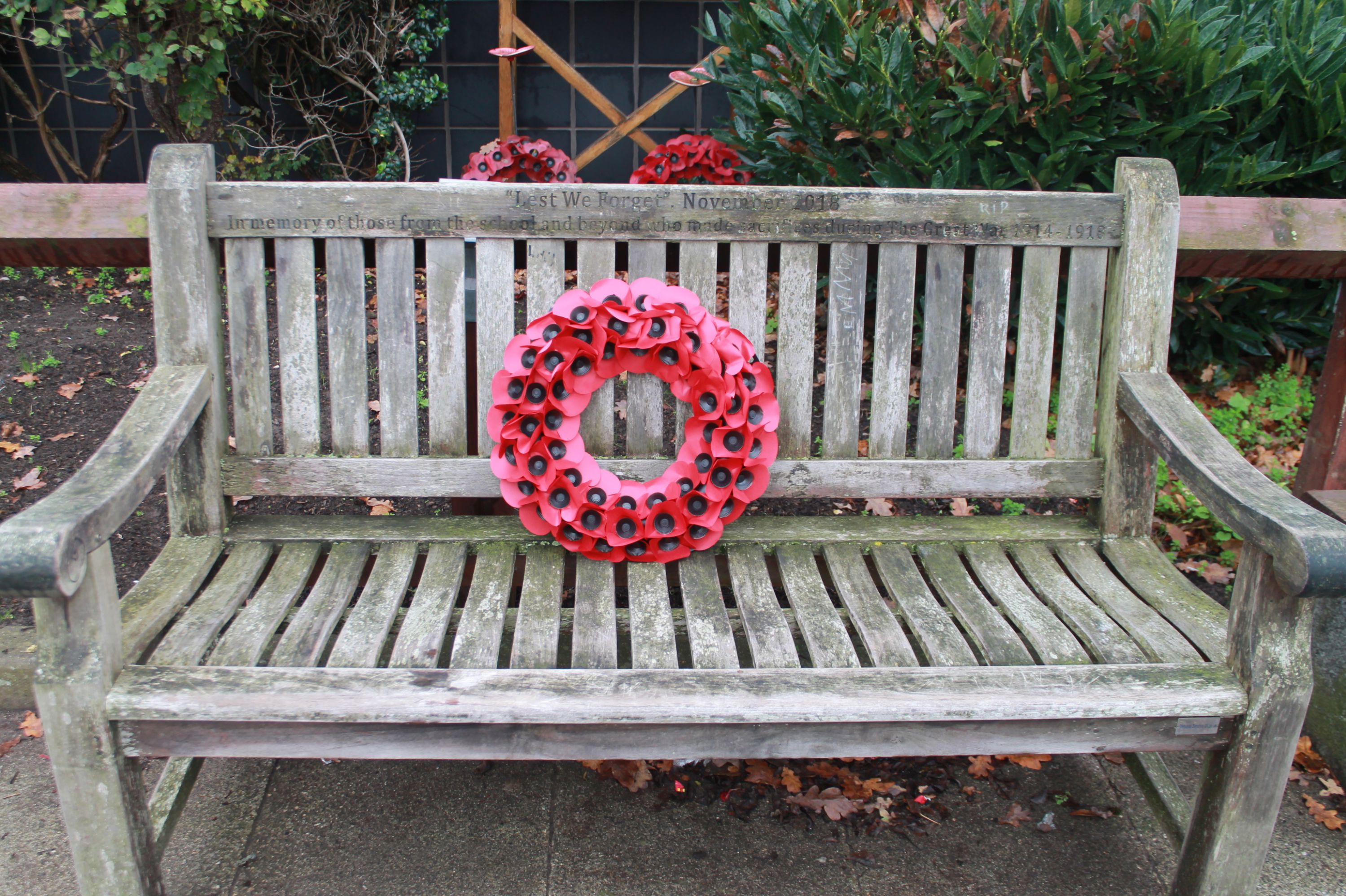 a wreath of poppies on a bench