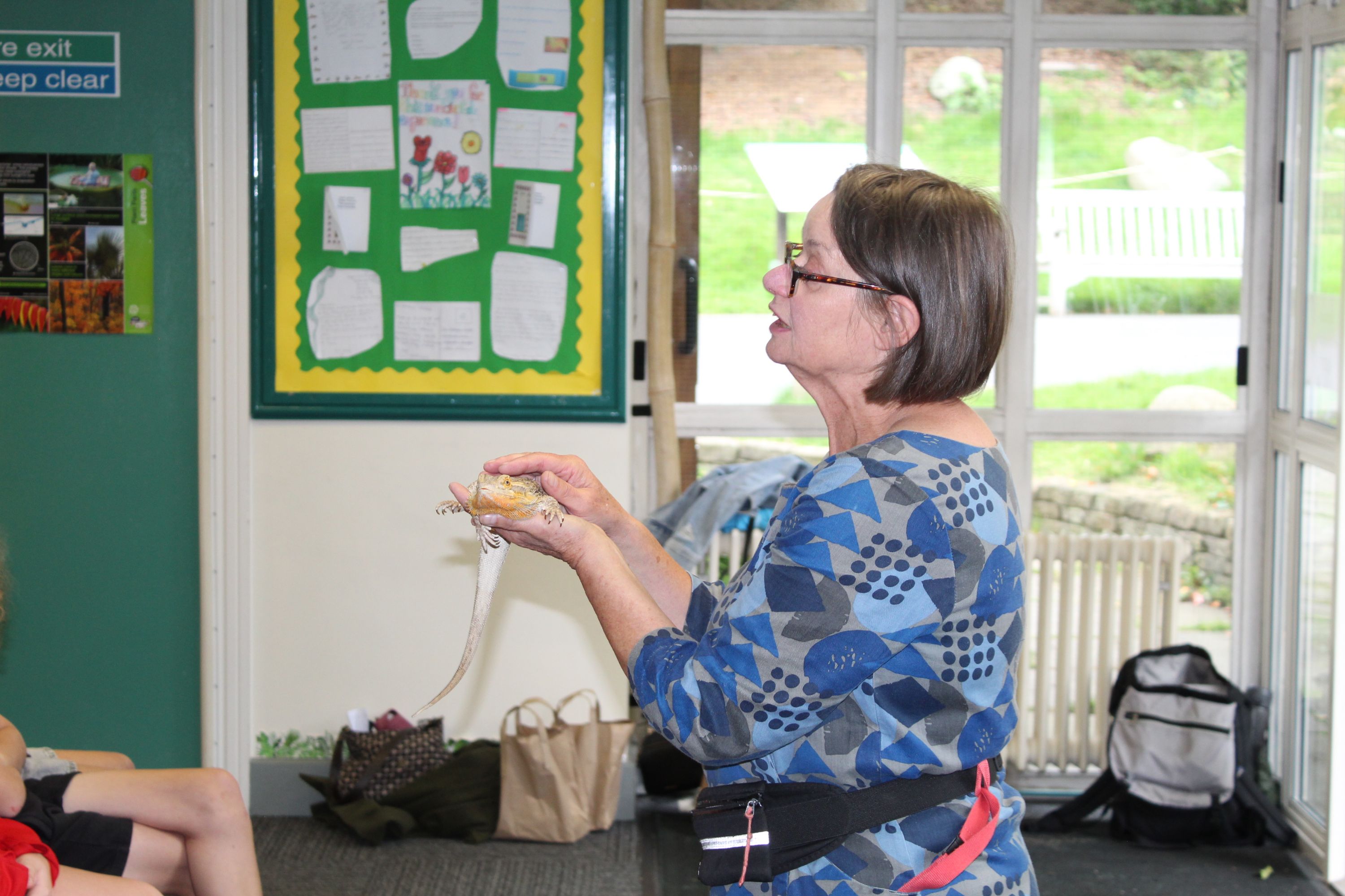 a member of staff at the botanical gardens holding a  lizardfrog and explaining all about it  