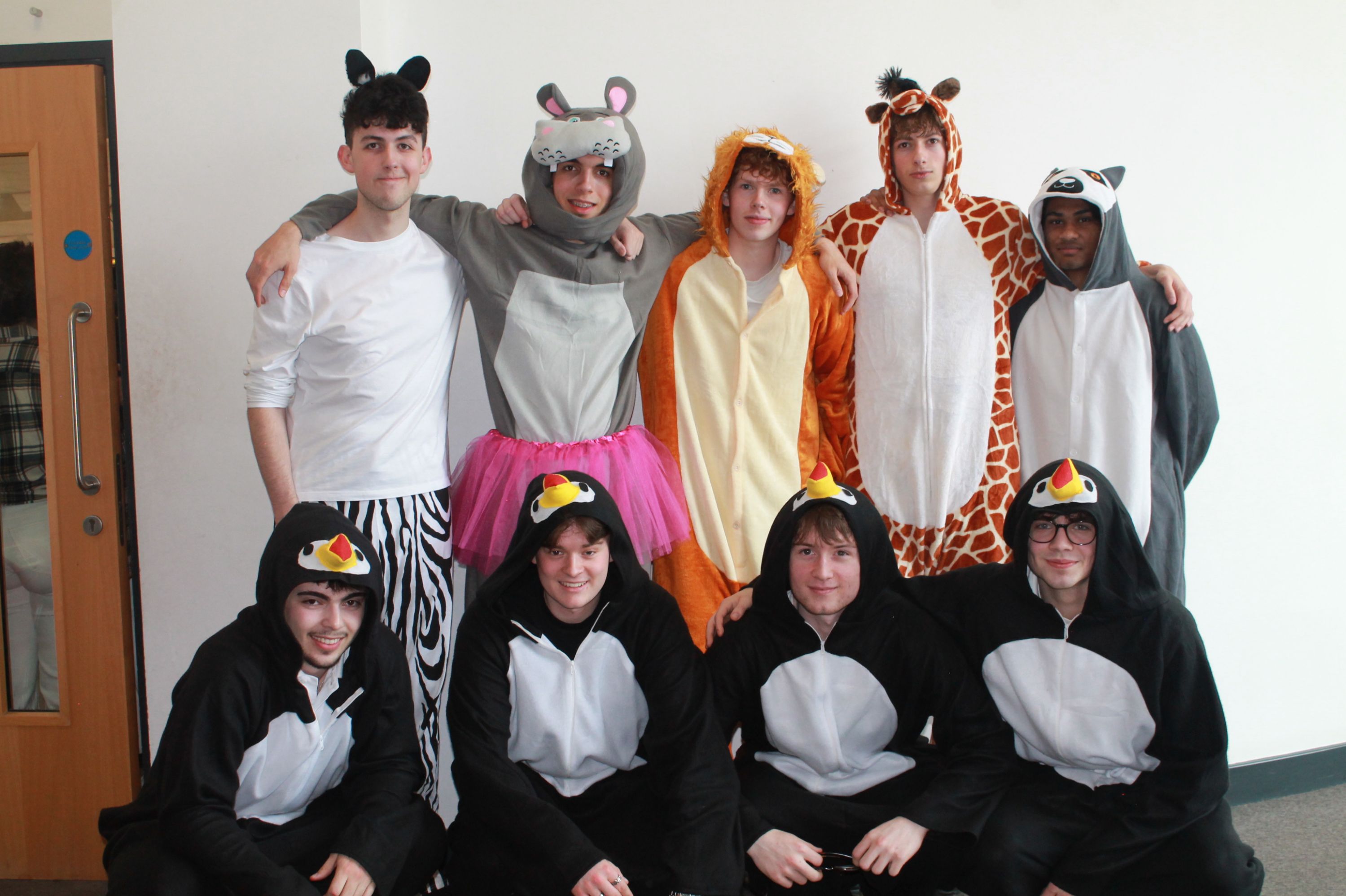 Photograph of a group of nine people dressed in various animal costumes, posing indoors against a plain white wall. Costumes include zebra, mouse, lion, giraffe, panda, and penguins, with individuals arranged in two rows, four standing and five kneeling.
