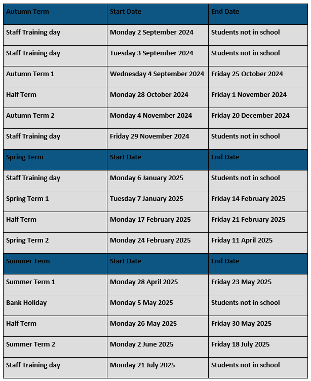 North Leamington School Term Dates 202425