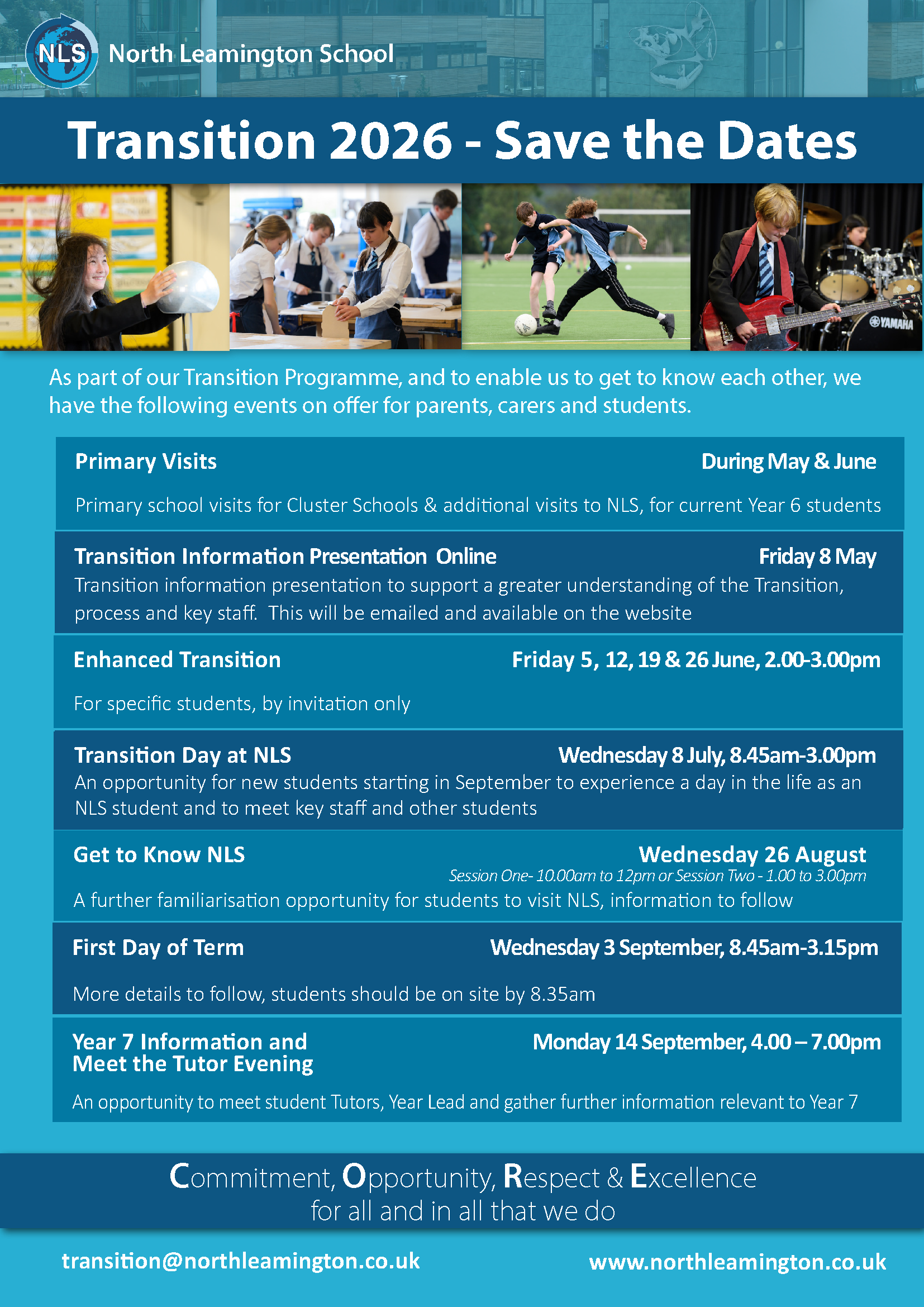 a flyer with key dates  and descriptions of the events