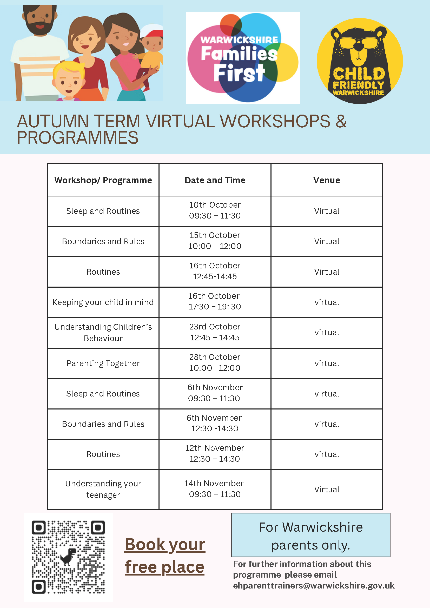 Details of  Autumn Term Virtual Workshops & Programmes by Warwickshire Families First are detailed in this flyer 