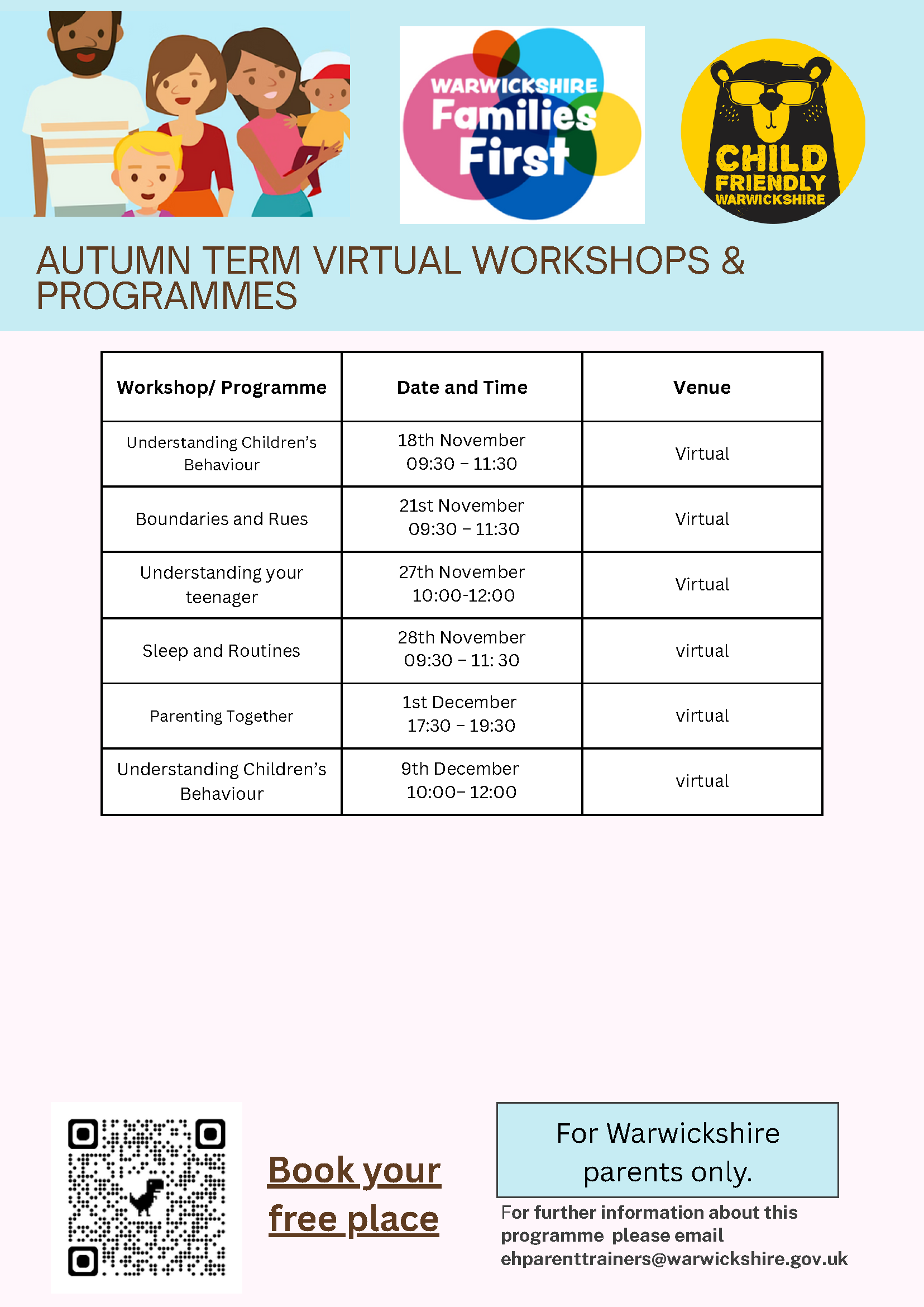 Details of  Autumn Term Virtual Workshops & Programmes by Warwickshire Families First are detailed in this flyer 