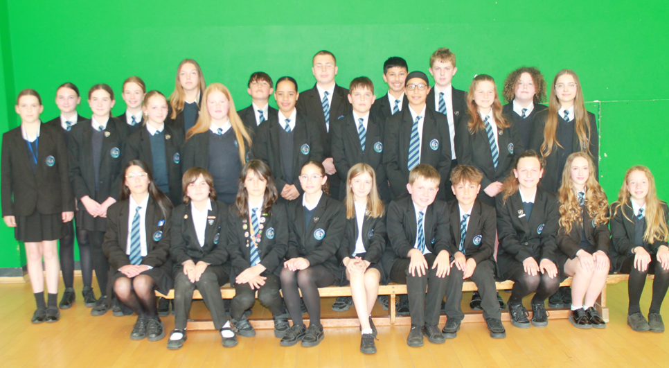 Group photograph of a school class with students dressed in black uniforms featuring blue and white striped ties, arranged in two rows against a green background. The front row is seated on a bench while the back row stands