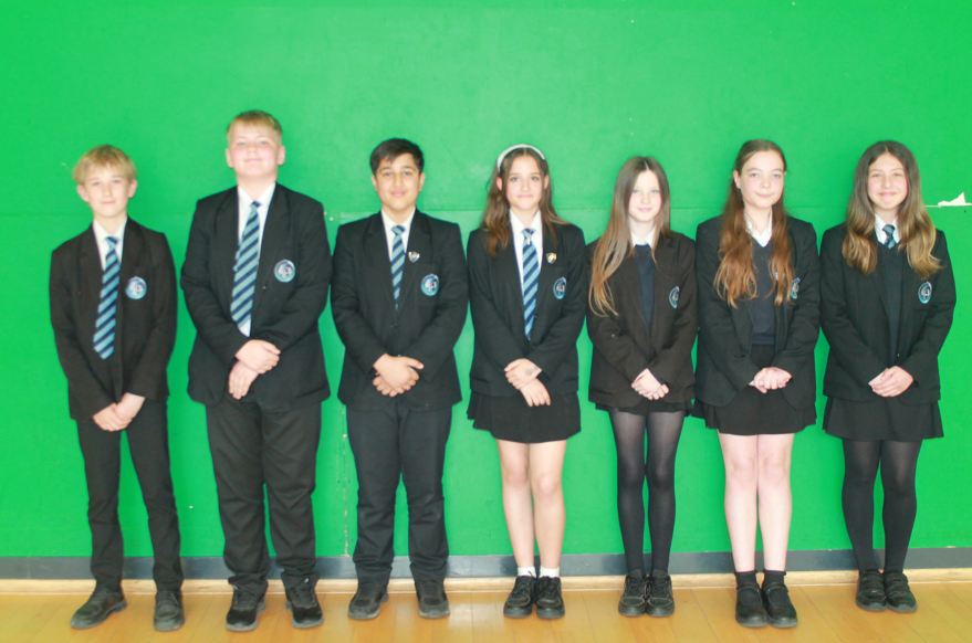 Photograph of seven school students standing in a row against a green background, all wearing black blazers with school crests and blue striped ties. The group includes four girls and three boys, with varied hairstyles and black footwear, positioned on a wooden floor.