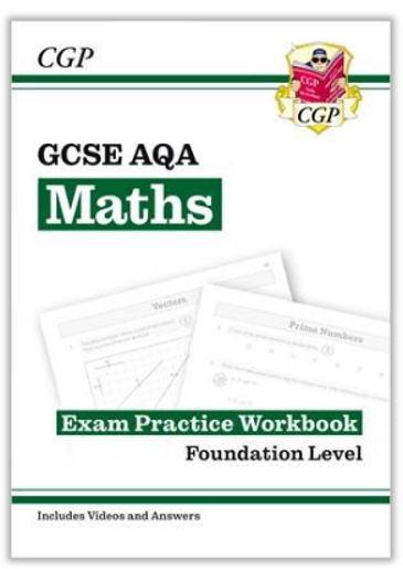 Cover of a GCSE AQA Maths exam practice workbook for foundation level, featuring a clean design with green and black text on a white background. Includes faint images of practice pages labelled "Vectors" and "Prime Numbers," with branding elements such as CGP logo and a note about included videos and answers.