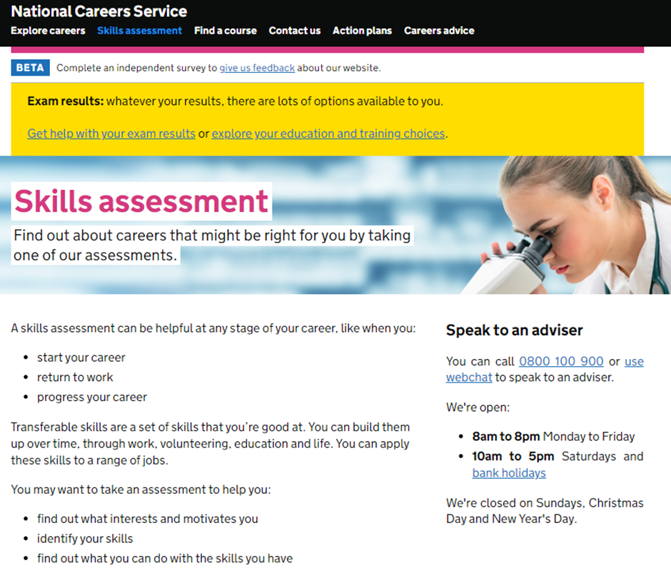 Image of the Skills Assessment page on the National Careers Service Website 
