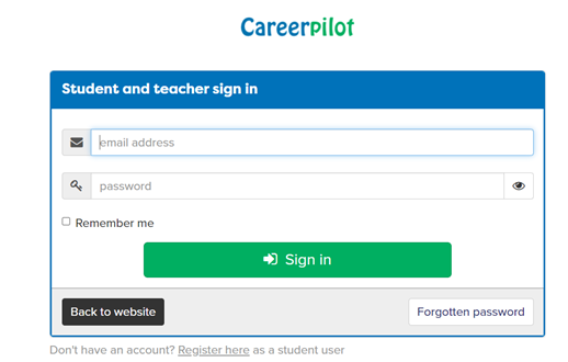 Image of the log in section  on the Careers Pilot website 