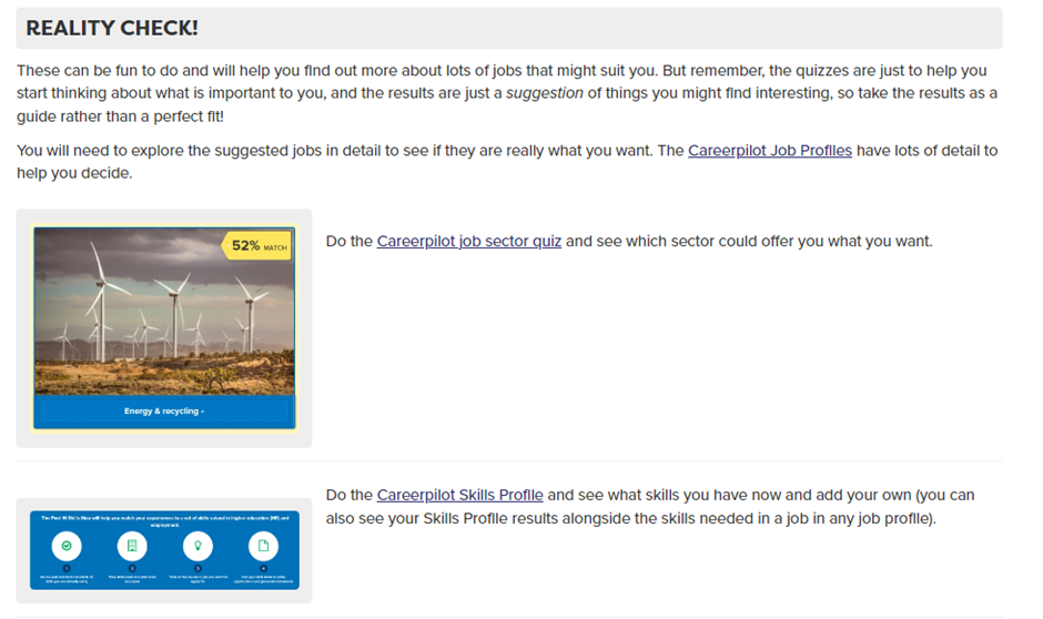 Image of the quiz section on the Careers Pilot website 