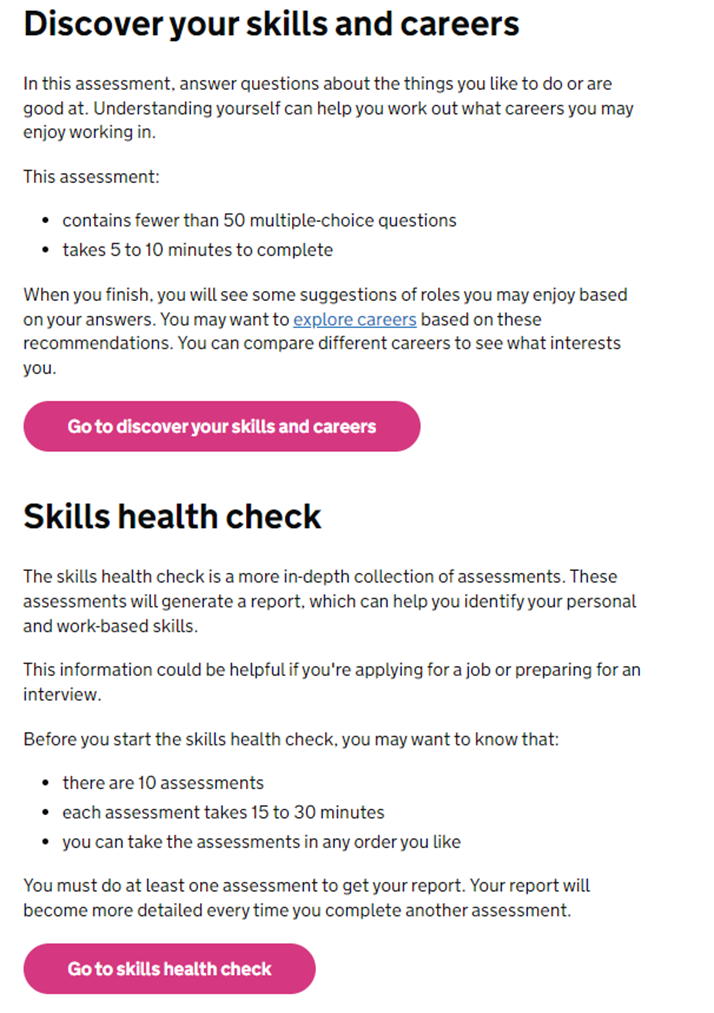 Image of the Skills Assessment page on the National Careers Service Website