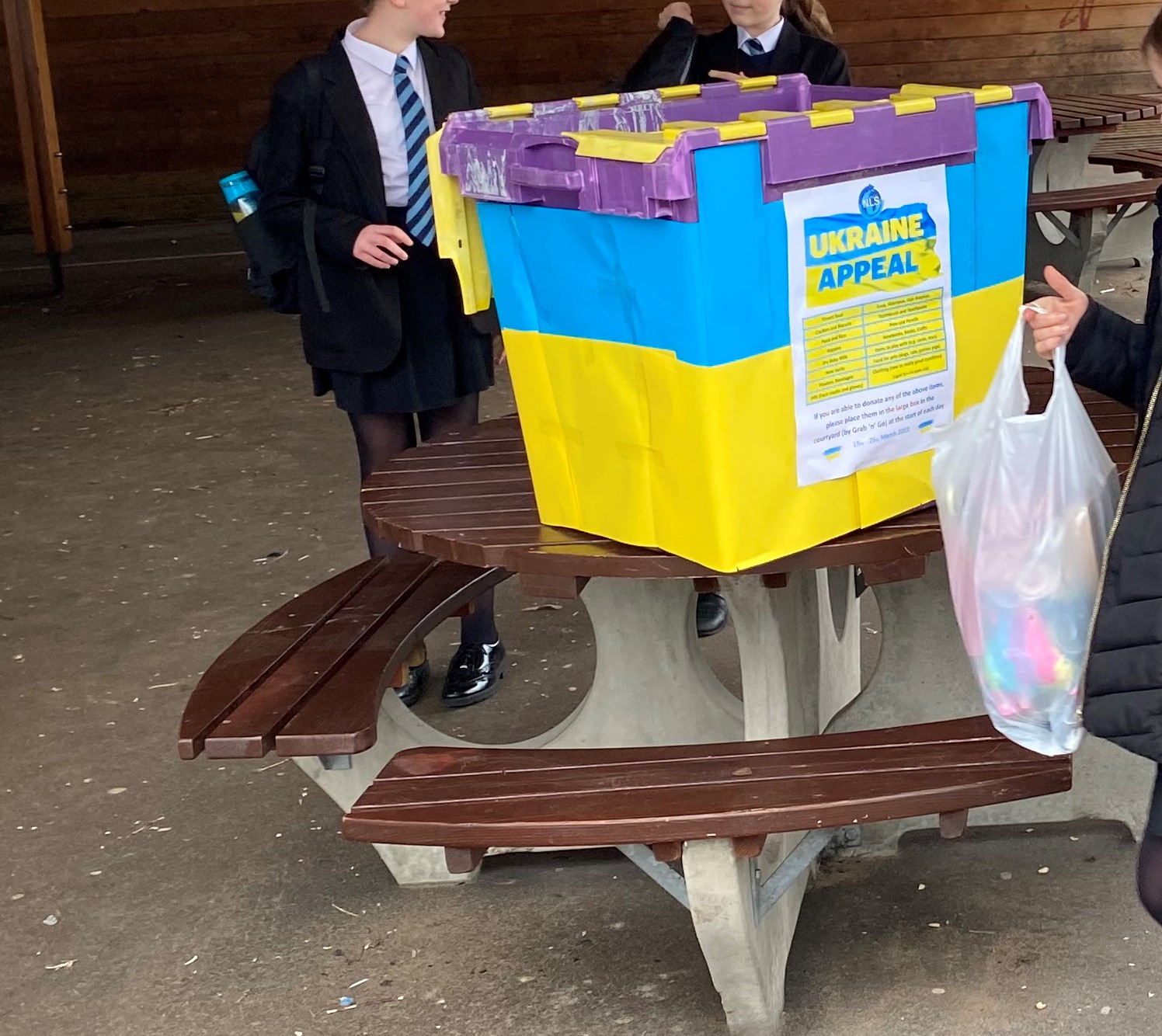 One of the collection tubs where students and staff could place items to help the people of Ukraine