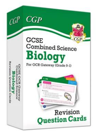 Photograph of a boxed set of GCSE Combined Science Biology revision question cards for OCR Gateway (Grade 9-1) by CGP. Box features green and white design with CGP logo and an image of sample question cards displaying biology content and colour-coded tabs.