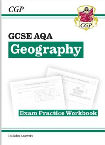 Cover of a GCSE AQA Geography exam practice workbook by CGP, featuring a clean design with green and black text on a white background. Includes a small CGP logo with a cartoon character holding a book, and faint outlines of workbook pages in the centre, indicating practice exercises and answers.