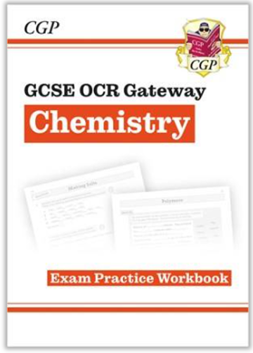 Cover of a GCSE OCR Gateway Chemistry exam practice workbook by CGP. Features bold orange and black text with a small CGP logo in the top right corner and faint workbook pages in the background.