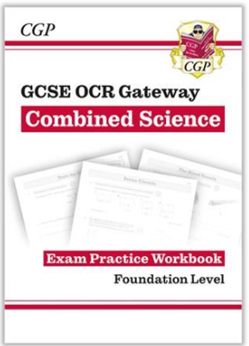 Cover of a workbook titled "GCSE OCR Gateway Combined Science Exam Practice Workbook Foundation Level" designed for exam preparation. Features CGP branding with a red and white colour scheme, a small crest logo, and faint images of practice pages in the background.