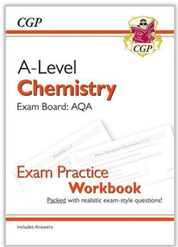 Cover of a workbook titled "A-Level Chemistry Exam Practice Workbook" designed for AQA exam board students. Features CGP branding with a logo, orange and black text, and mentions inclusion of answers and realistic exam-style questions.