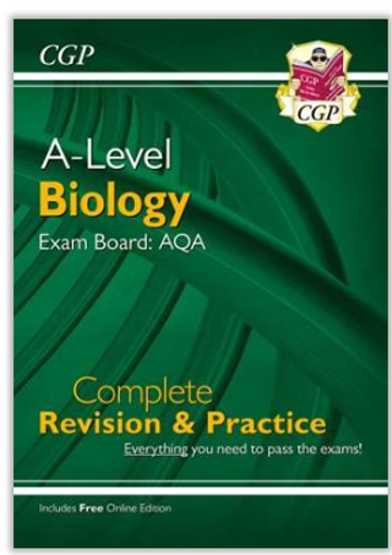 Cover of a revision guide for A-Level Biology tailored to AQA exam board, featuring a green background with a DNA strand graphic. Title text uses white and yellow fonts, with additional notes on complete revision, practice, and inclusion of a free online edition.