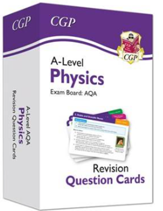 Photograph of a box set of A-Level Physics Revision Question Cards for AQA exam board by CGP. Box features purple and white design with CGP logo and displays sample question cards with coloured tabs for different topics.