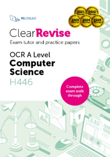 Cover of a study guide for OCR A Level Computer Science H446, titled "ClearRevise Exam tutor and practice papers" by PG Online. Features gold badges indicating awards from 2021 to 2025, a pink circle highlighting "Complete exam walk through," and a background illustration of computer science-related icons in green.