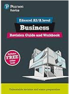 Cover of a textbook titled "Edexcel AS/A level Business Revision Guide and Workbook" by Pearson Revise, featuring a stylised illustration of a modern building in grey tones. Design includes a dark blue background with pink and white text, a red circle highlighting free online support, and a yellow banner at the bottom promoting unbeatable revision and exam preparation.