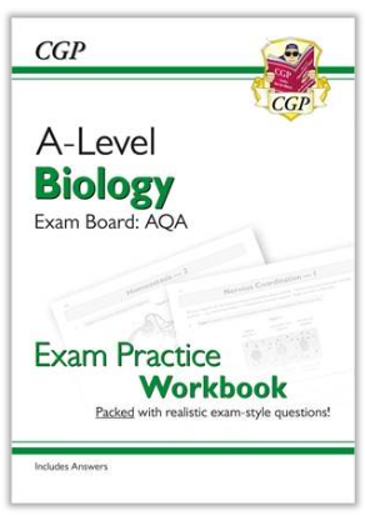Cover of a workbook designed for A-Level Biology exam practice under AQA exam board. Features title text in black and green, CGP logo with a cartoon character reading a book, and faint diagrams of biology questions in background.