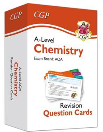 Photograph of a box set containing A-Level Chemistry revision question cards for AQA exam board by CGP. Box features orange and white design with CGP logo and an illustration of sample question cards on front.