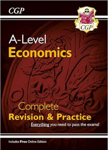 Cover of a revision and practice book for A-Level Economics by CGP, featuring a close-up of a British coin in dark red and brown tones. Title text is in white and yellow, with additional notes about free online edition and exam preparation.
